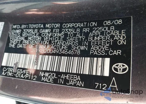 2009 Toyota Prius z USA, uszkodzony, nr VIN JTDKB20U493464678